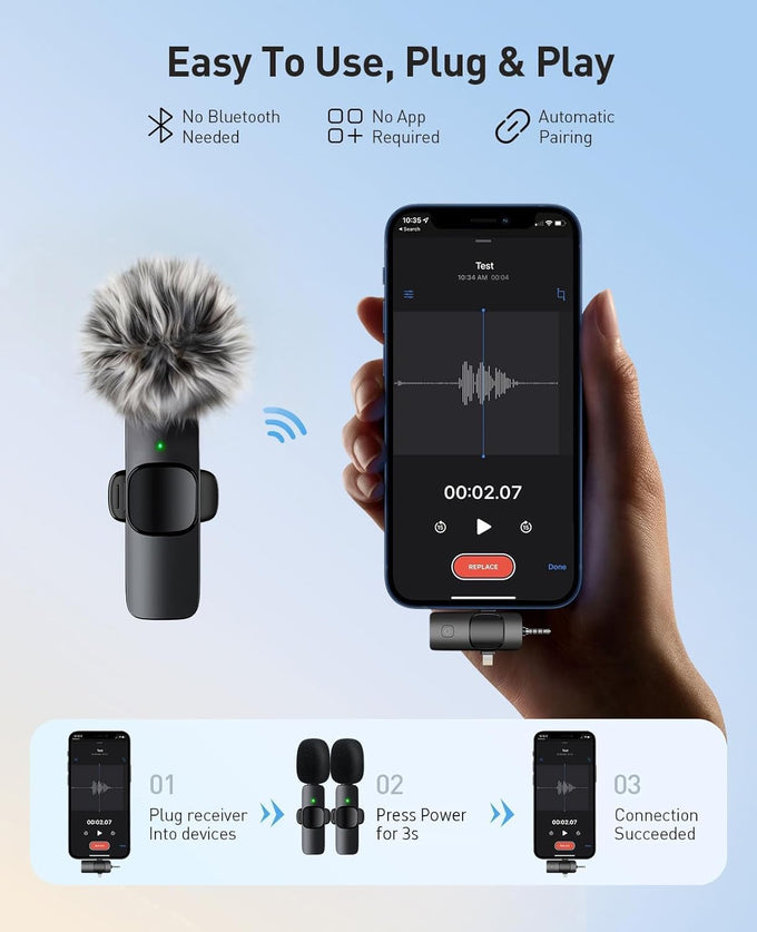 MENERESAS 3-in-1 Mini Microphone for iPhone: Wireless Lavalier Microphones for iOS/Android/Camera - Noise Reduction Lapel Mic, Clip on Mic for Video Recording Vlog, YouTube, Interview