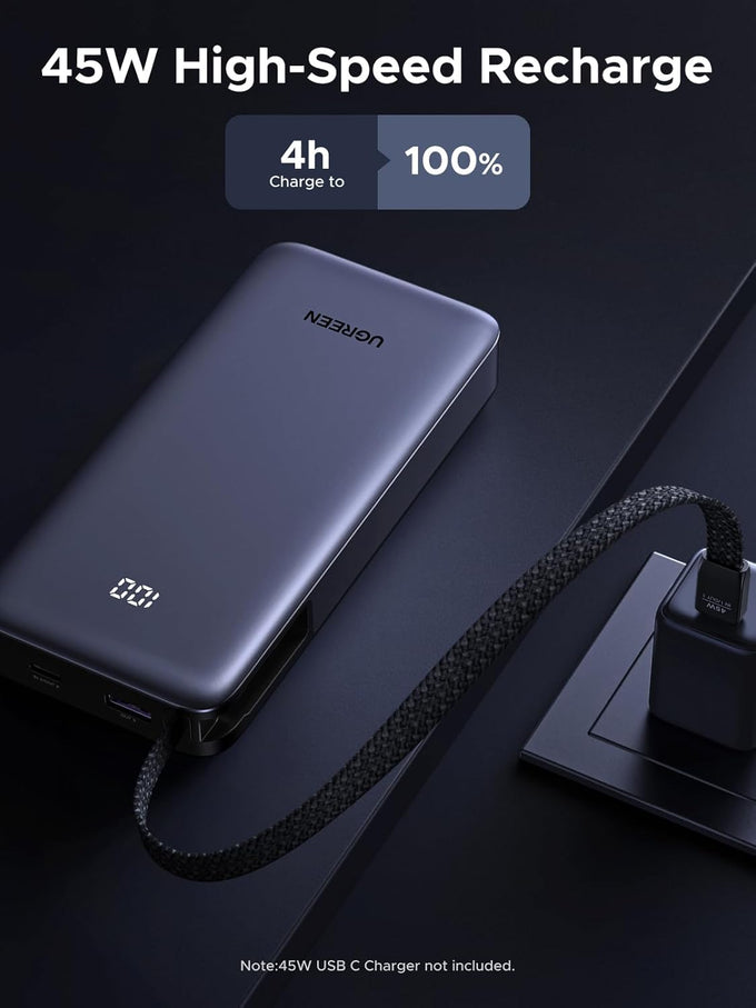 UGREEN Nexode Power Bank 20000mAh 45W with Built-in Cable, Fast Charging Portable Charger for iPhone 17 Pro/Samsung S25 Ultra/iPad Pro, 3-Port External Battery Pack with Digital Display, Travel Ready