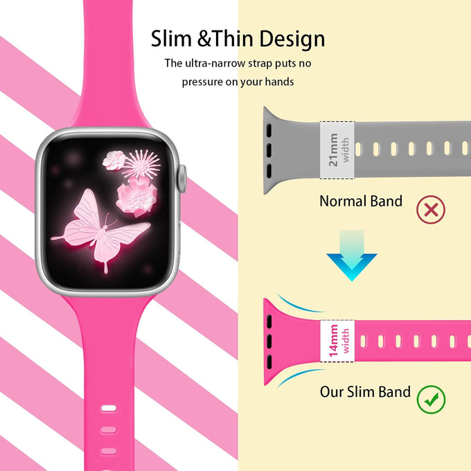 Slim Silicone Band for Apple Watch (38mm–49mm) – Soft Thin Sport Strap for iWatch Series 11/10/9/8/7/6/5/4/3/2/1/SE/Ultra – Narrow Wristband for Women & Men – Hot Pink