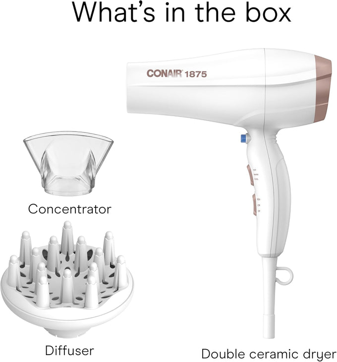 Conair Double Ceramic Ionic Hair Dryer, 1875W Blow Dryer with Diffuser & Concentrator (White)