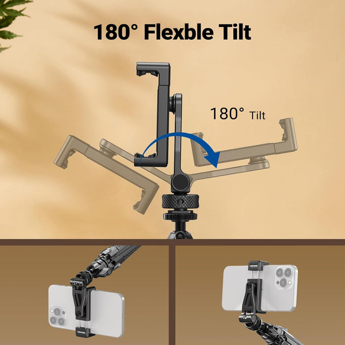 NEEWER Metal Phone Tripod Mount with Cold Shoes, 1/4" Thread, 180° Tilt, 360° Rotation, Adjustable Phone Clamp Holder Compatible with iPhone 17 Pro Max 16 15 Samsung S25 S24 Ultra Camera Cage, GA010
