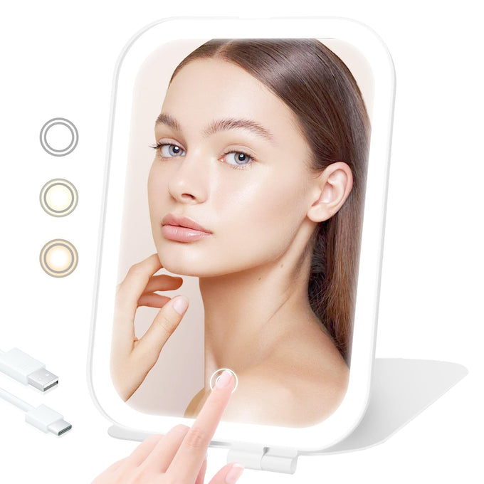 Travel Makeup Mirror, Portable Mirror with 3 Adjustable Light Settings, USB-Rechargeable Vanity Mirror with Lights，Gift for Women and Girls