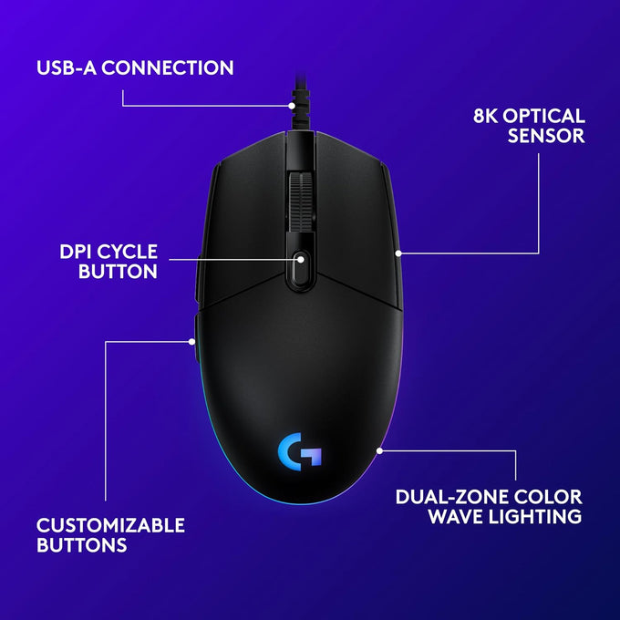 Logitech G203 Wired Gaming Mouse, 8,000 DPI, Rainbow Optical Effect LIGHTSYNC RGB, 6 Programmable Buttons, On-Board Memory, Screen Mapping, PC/Mac Computer and Laptop Compatible - Black