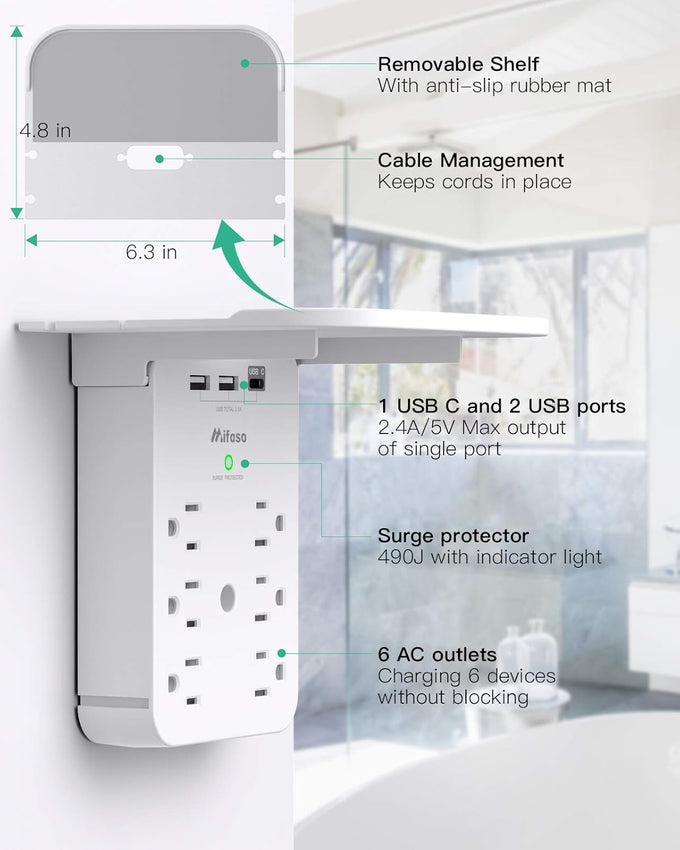Wall Outlet Extender with Surge Protector, 6 AC Outlets, Shelf, 2 USB & USB C Charging Ports - Home & Dorm Plug Expander