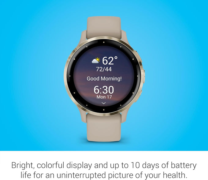 Garmin Venu 3S Soft Gold Stainless Steel Bezel 1.2-Inch AMOLED Touchscreen Display Smart Watch, Phone Supported with 41mm French Gray Case and Silicone Band