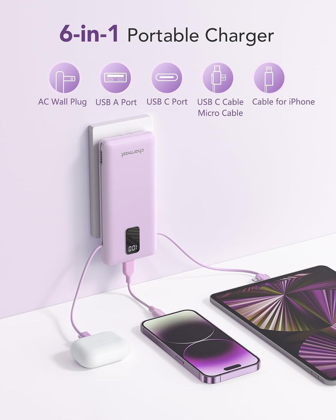 charmast Portable Charger with Built-in Cables & Wall Plug, 10000mAh Portable Power Bank, External Battery Pack Travel Essentials Compatible with iPhone 16/15/14/13, Samsung, iPad etc