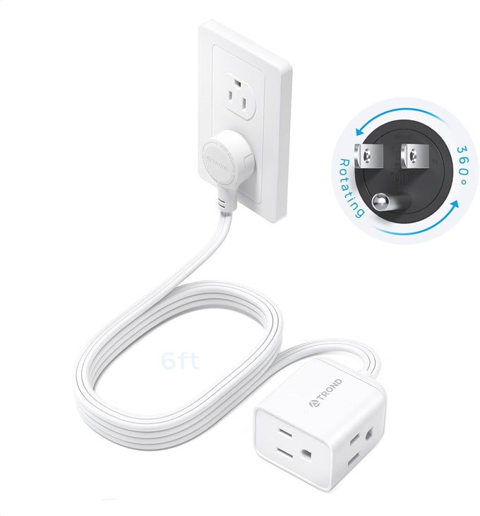 TROND Flat Extension Cord 6ft with 360° Rotating Plug, Low Profile Small Power Strip, 3 Prong Grounded Outlets Cube, 13A, SPT 16/3 Gauge Cable, for Indoor Home Office Cruise Travel Essentials, White