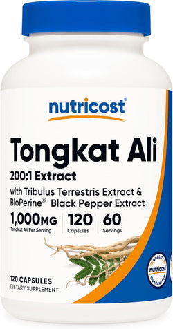 Nutricost Tongkat Ali 1,000mg 120 Capsules - with Tribulus Terrestris and BioPerine, Vegetarian Caps, Non-GMO, Gluten Free, Potent Extract