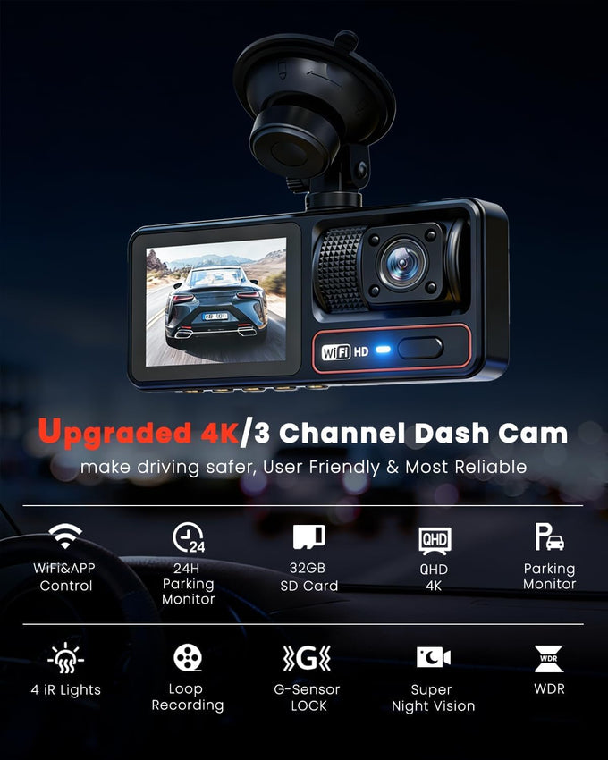 3 Channel Dash Camera for Cars,Triple Lens 4K+1080P+1080P Dash Cam Front Rear Inside,Built-in 5G WiFi & App, Night Vision,24H Parking Mode,Loop Recording,170° Wide Angle,32GB Card Included(Black)