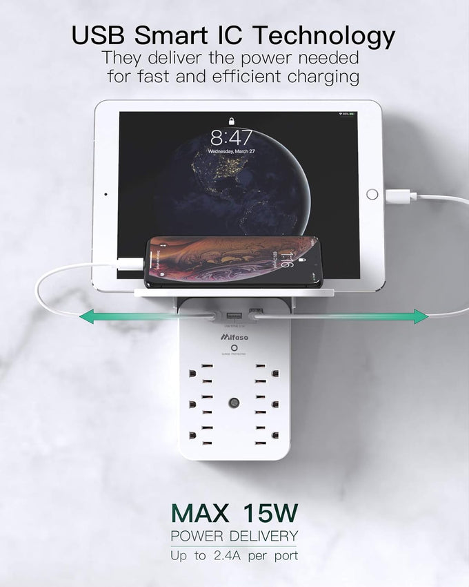 Wall Outlet Extender with Surge Protector, 6 AC Outlets, Shelf, 2 USB & USB C Charging Ports - Home & Dorm Plug Expander