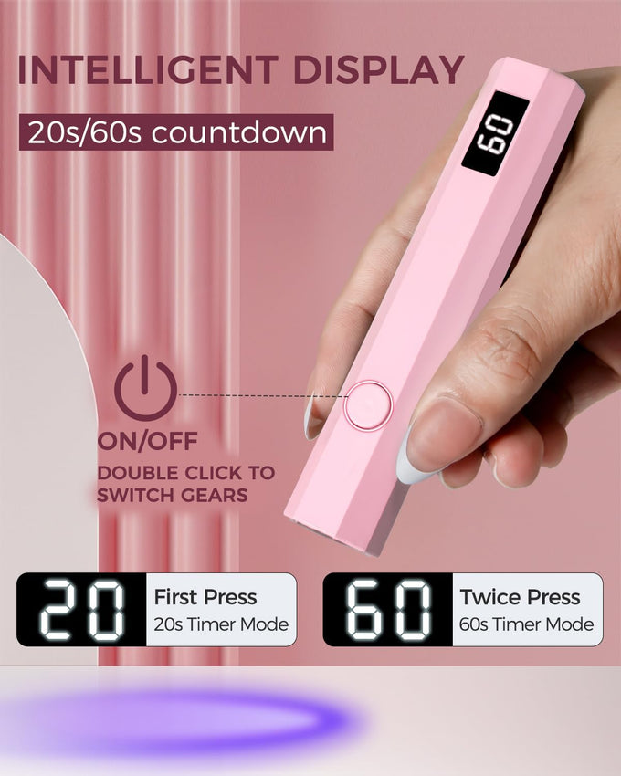 UV Nail Light Handheld UV Light for Nails 3W Portable Led Lamp with 2 Timer Settings 20/60s for Gel Polish Home DIY Salon Women(Pink)