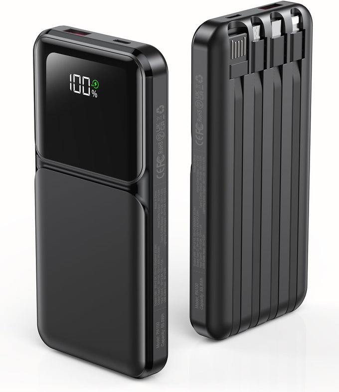 Portable Charger with Built in Cable - Power Bank Fast Charging USB C LED Display 10000mah Battery Pack 5 Outputs & 3 Inputs for Travel Essentials iPhone Samsung Android Phones Tablets Black