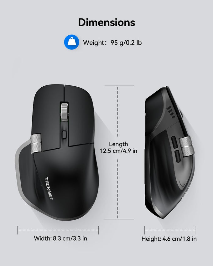TECKNET Wireless Mouse, Bluetooth Mouse (BT5.3/5.0 & 2.4G) Rechargeable Ergonomic Optical Mouse with 6 Adjustable DPI, Side Scroll, Quiet Clicks, USB A Receiver, 7 Buttons, Wide Compatibility - Black