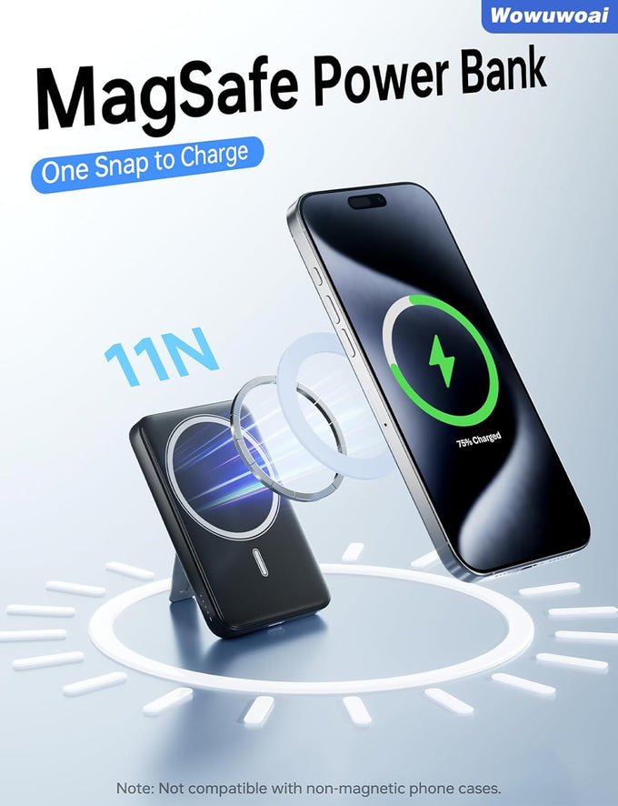 for Magsafe Portable Charger, 10000mAh Wireless Power Bank with Stand, USB C PD 20W Fast Charging Powerbank, Magnetic Battery Pack Compatible for iPhone 17/16/15/14/13/12 Series - Black
