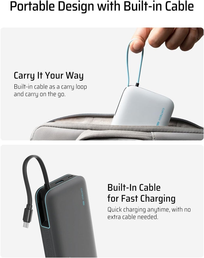 CUKTECH 45W Power Bank 20000mAh, Portable Travel Charger Built-in USB C Cable, Fast Charging Battery Pack for iPhone 16/15/14/13, iPad, Samsung Galaxy, Google Pixel, Android and More (Gray)