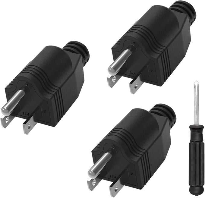 Replacement Plugs, 3 Pack 3 Prong Replacement Plug with 1 Screwdriver, Extension Cord Ends, ReplacementPlug 3 Prong , Neutral Ground Bonding Plugg, 3 Wire 15A 125V Male Plug, Black
