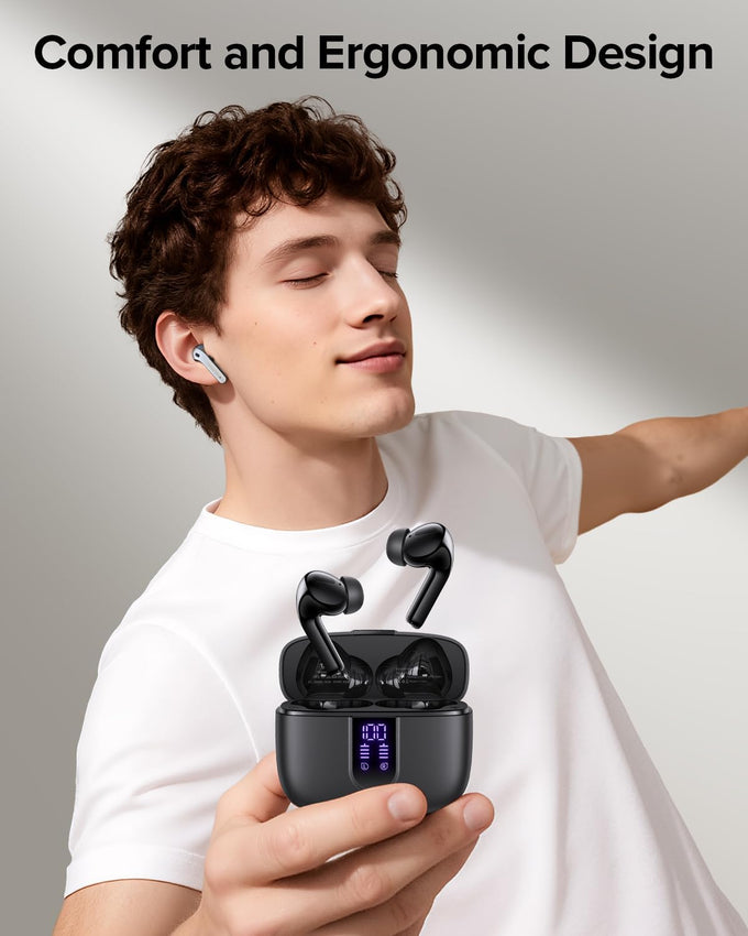 TAGRY Bluetooth Headphones True Wireless Earbuds 60H Playback LED Power Display Earphones with Wireless Charging Case IPX5 Waterproof in-Ear Ear buds with Mic for TV Smart Phone Laptop Computer Sports