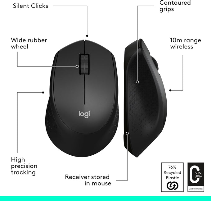 Logitech M330 Silent Wireless Mouse, 2.4GHz with USB Receiver, Optical Tracking, Quiet & Lightweight, Long Battery Life, for PC, Mac, Laptop, Chromebook - Black