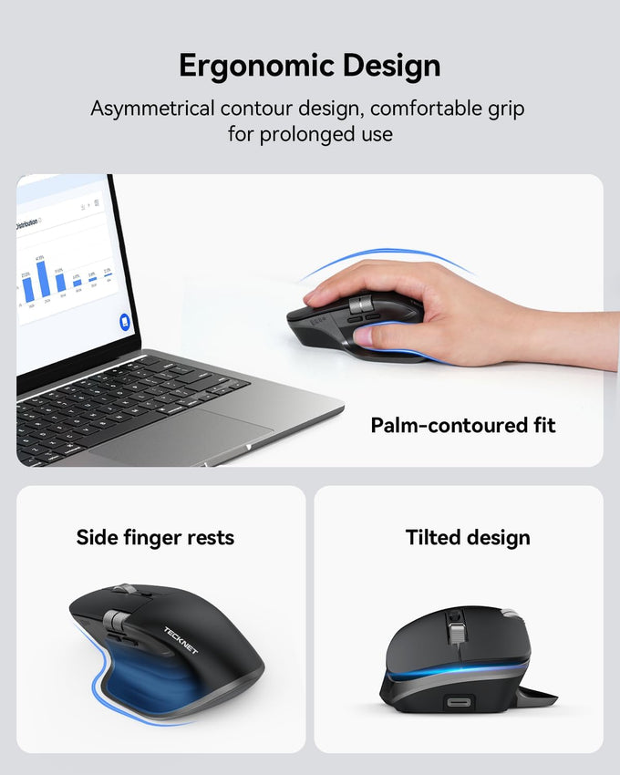 TECKNET Wireless Mouse, Bluetooth Mouse (BT5.3/5.0 & 2.4G) Rechargeable Ergonomic Optical Mouse with 6 Adjustable DPI, Side Scroll, Quiet Clicks, USB A Receiver, 7 Buttons, Wide Compatibility - Black