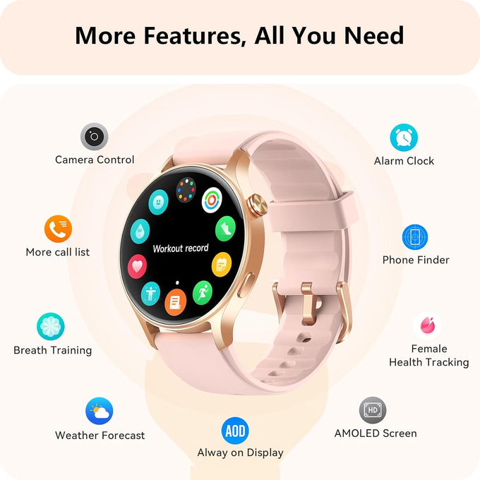 Smart Watch for Women, Answer/Make Call, 1.32'' AMOLED Ultra-Clear Screen Fitness Tracker with Heart Rate/Sleep/SpO2 Monitor, Smartwatch for iPhone/Samsung/Android, 110+ Sport Modes, 3ATM Waterproof