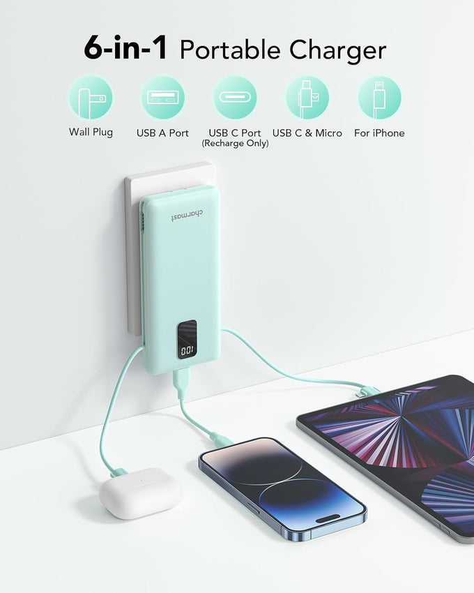 charmast Portable Charger with Built-in Cables and Plug, 10000mAh USB C Power Bank Fast Charging, External Battery Pack Slim, Travel Essentials Compatible with iPhones, Samsung Galaxy, iPad