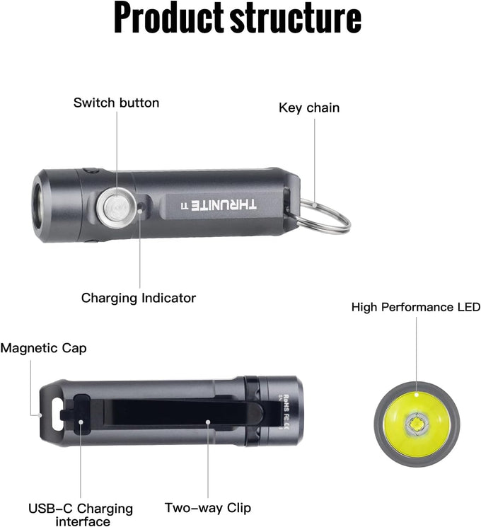 ThruNite Ti Mini Keychain Flashlight, USB-C Rechargeable EDC Pocket Light, Bright 650 Lumens Small Keychain Gadget for Camping, Everyday Carry, Indoor Outdoor Use (Grey Cool White)