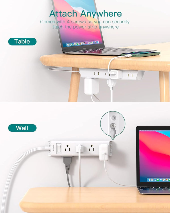 Flat Plug Power Strip, Ultra Thin Flat Extension Cord - Addtam 12 Widely AC 3 Sides Multiple Outlets, 5Ft, 1050J Surge Protector, Wall Mount, Desk Charging Station for Home Office Dorm Room Essentials
