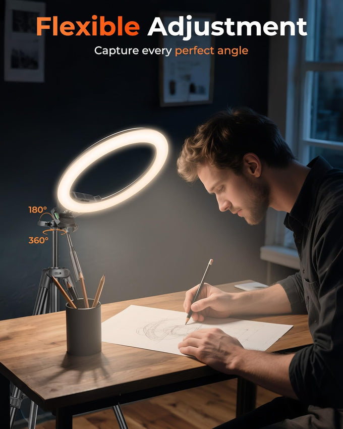 Sensyne 10'' Ring Light with 50'' Extendable Tripod Stand, LED Circle Lights with Phone Holder for Live Stream/Makeup/YouTube Video/TikTok, Compatible with All Phones