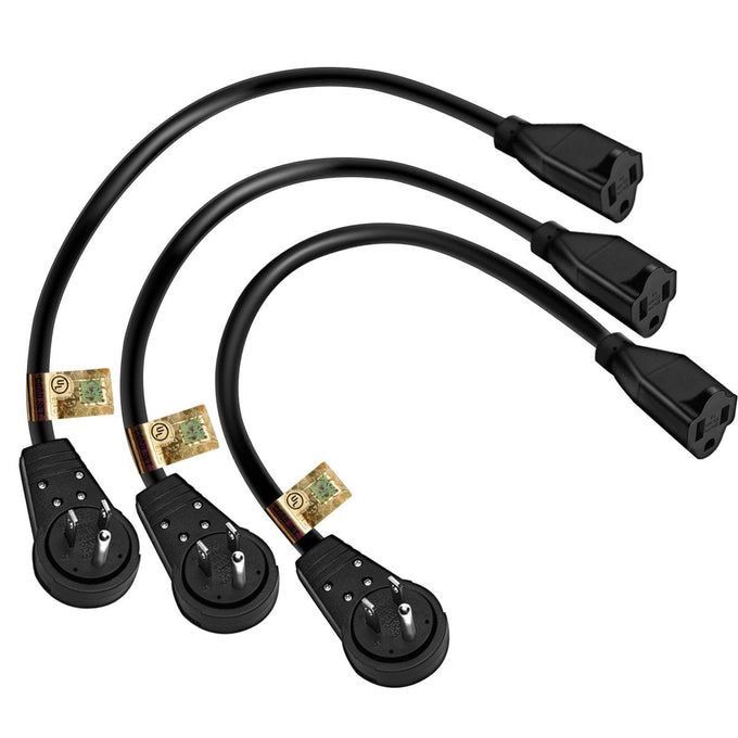Nekteck 360° Rotating Flat Plug Extension Cord 1 Foot, 14AWG 3 Prong Extension Cord, Low Profile Right Angle Power Cord, Flat Extension Cord Grounded Wire, 15A - UL Certified, Black