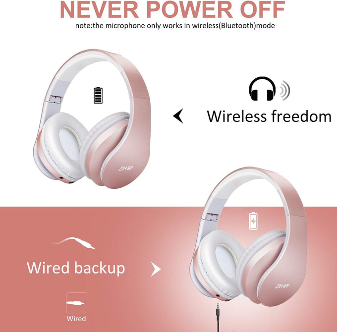 ZIHNIC Bluetooth Headphones Over-Ear – Foldable Wireless & Wired Stereo Headset, FM & Micro SD, Lightweight Rose Gold