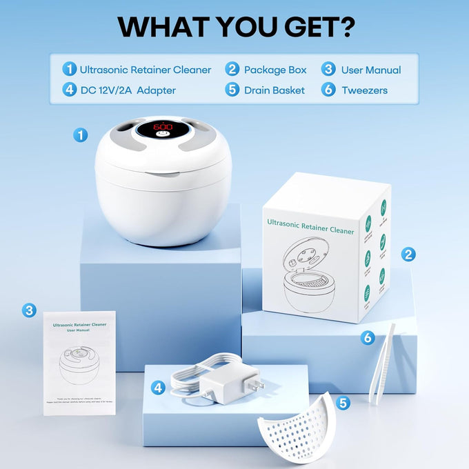 Upgraded Ultrasonic Retainer Cleaner Machine, 45kHz Ultrasonic Dentures Cleaner for Night Guards, Braces, Aligner, Toothbrush, Jewelry and More, 200ML Capacity, White