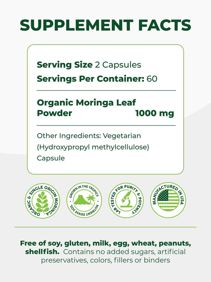 PURA VIDA MORINGA Organic Moringa Capsules, Pure Moringa Leaf Powder Single Origin for Energy, Metabolism & Immune Support, 120ct, 500mg Caps