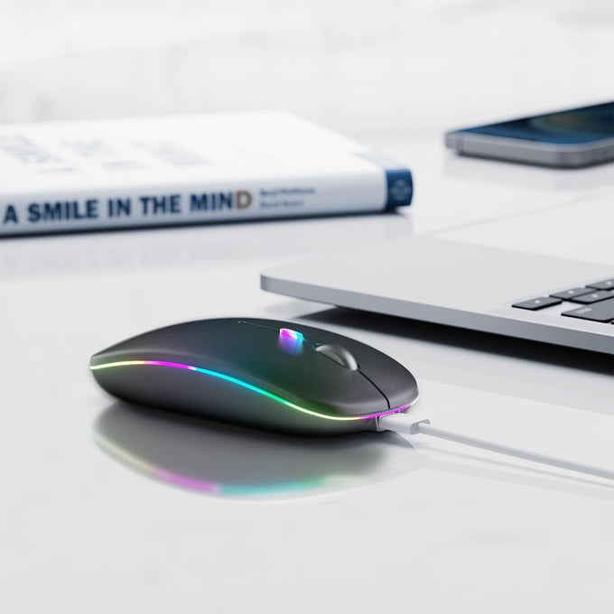 Wireless Bluetooth Mouse, Rechargeable, LED, Silent, Ultra-thin Design (Bluetooth 5.2 and 2.4GHz USB Receiver) | Portable Computer Mouse for Laptops, iPads, MacBooks and Apple Devices (Black)