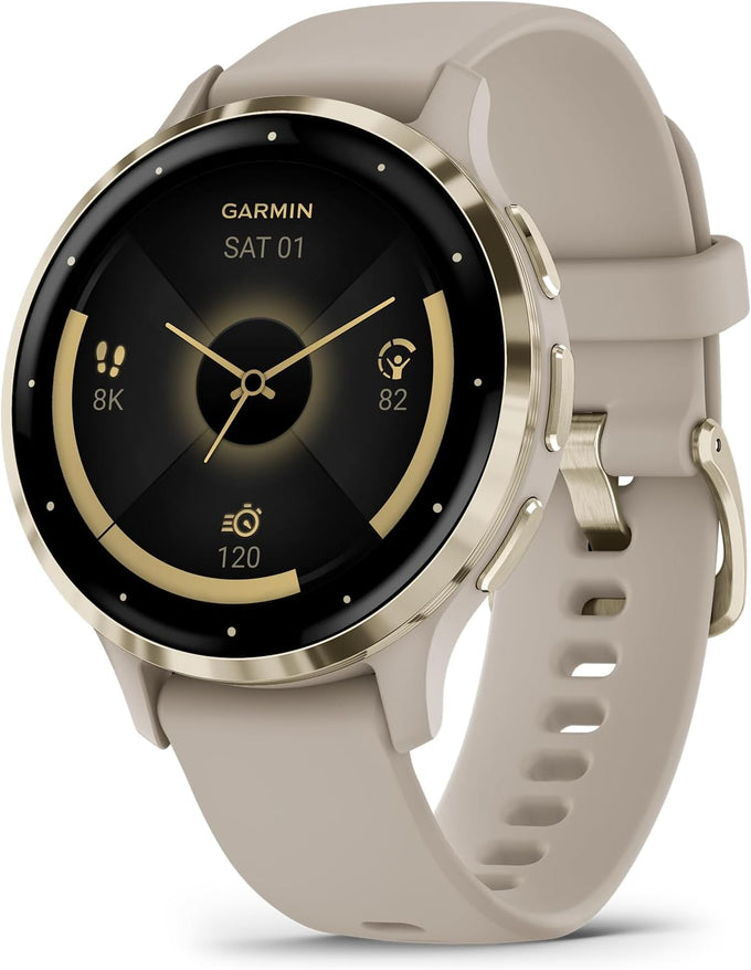Garmin Venu 3S Soft Gold Stainless Steel Bezel 1.2-Inch AMOLED Touchscreen Display Smart Watch, Phone Supported with 41mm French Gray Case and Silicone Band