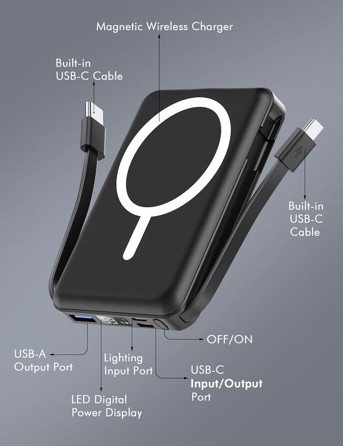 podoru for Magsafe Battery Pack, 10000mAh Magnetic Power Bank Built-in Double USB C Cables 22.5W PD Fast Charging LED Display Wireless Portable Charger for iPhone 17/16/15/14/13/12 Series-Black