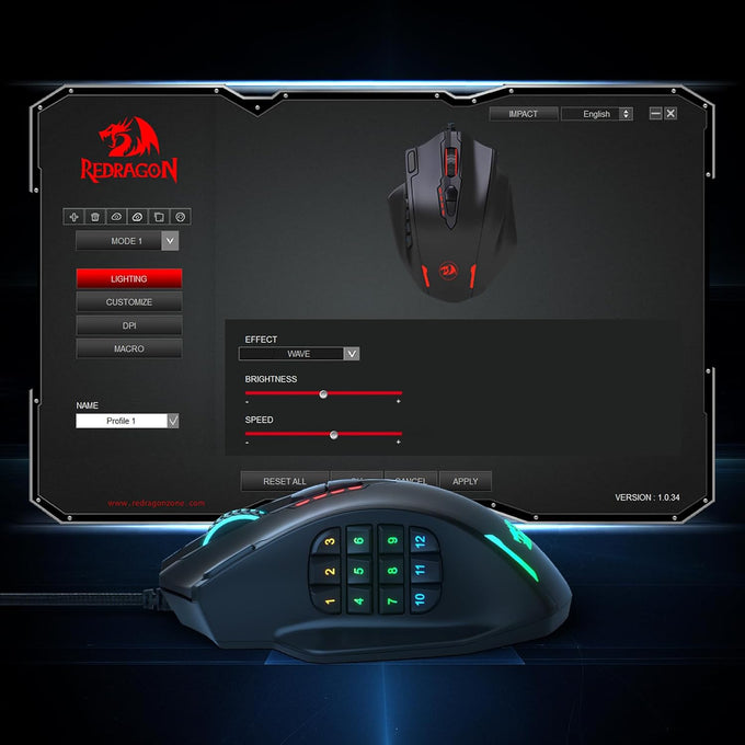 Redragon M908 Impact RGB LED MMO Gaming Mouse with 12 Side Buttons, Optical Wired Ergonomic Mouse with Max 12,400DPI, High Precision, 18 Programmable Macro Shortcuts, Comfort Grip