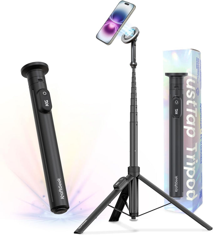 KraftGeek Magnetic Phone Tripod for iPhone MagSafe – 66'' Automatic Selfie Stick with Remote, Portable Tripod Stand for Video Recording, Travel, Vlogging (Black)