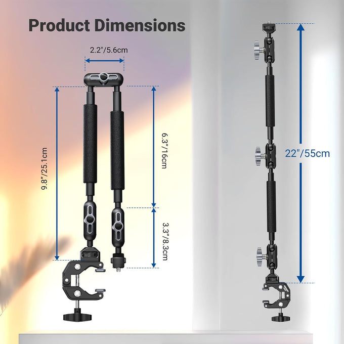 NEEWER 22" Magic Arm w Desk C Clamp, Overhead Camera Mount with Articulating Mic Boom Arm 1/4" 3/8" Threads for ARRI, Desktop Stand Holder for Phone Microphone Webcam Action Camera Video Light, UA057
