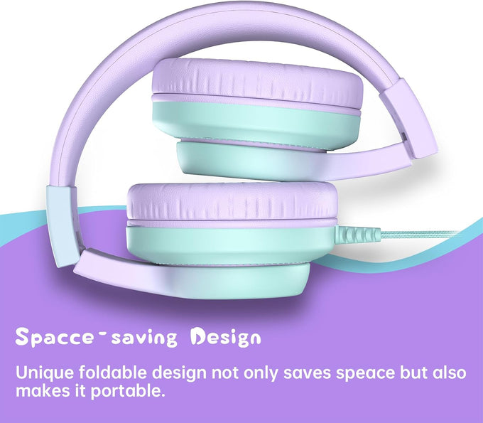 Candy Bila Kids Headphones, Wired Headphones for Kids Over Ear with Microphone, 85/94dB Volume Limiter Headphone for Girls Boys, Foldable Headphone for Learning & Entertainment,Gradient Purple