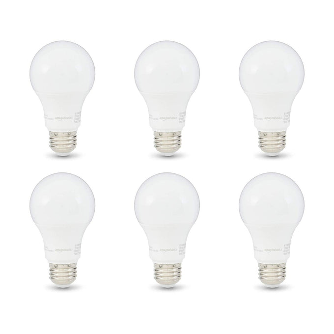 Basics A19 LED Light Bulbs, 60 Watt Equivalent, Energy Efficient 9W, E26 Standard Base, Soft White 2700K, Dimmable, 10,000 Hour Lifetime , 6-Pack