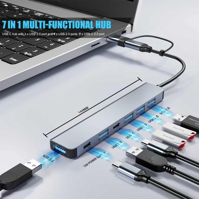 【Upgrade】 USB C/USB Hub, BERLAT Aluminum 7 in 1 USB C & USB Hub with USB 3.0, USB 2.0 Ports for PC/Laptops/MacBook Pro/Air/iMac/iPad and More Devices