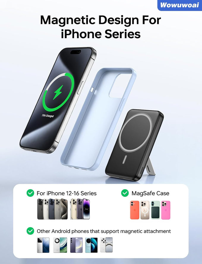 for Magsafe Portable Charger, 10000mAh Wireless Power Bank with Stand, USB C PD 20W Fast Charging Powerbank, Magnetic Battery Pack Compatible for iPhone 17/16/15/14/13/12 Series - Black