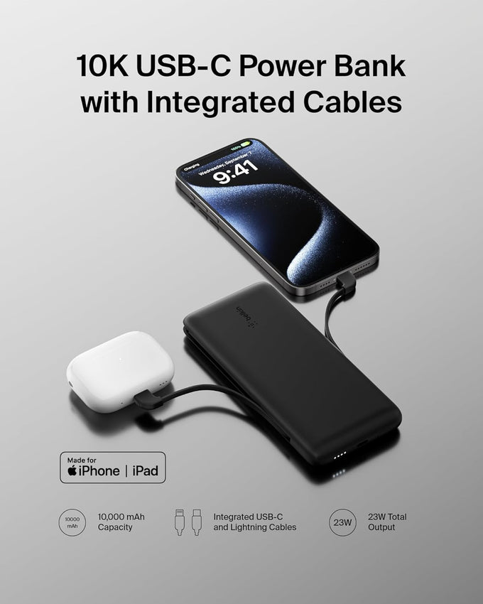 Belkin Portable Charger Power Bank for iPhone/Android - 10,000mAh, 23W Battery Pack for Phone with Integrated USB-C, Lightning Cables - Pass-Through Capability, Charge 2 Devices at Once