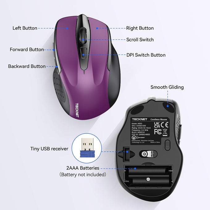 TECKNET Wireless Mouse, 2.4G Ergonomic Optical Mouse, Computer Mouse for Laptop, PC, Computer, Chromebook, Notebook, 6 Buttons, 24 Months Battery Life, 2600 DPI, 5 Adjustment Levels - Purple