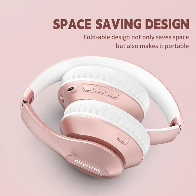 Glynzak Wireless Bluetooth Headphones Over Ear 65H Playtime HiFi Stereo Headset with Microphone and 6EQ Modes Foldable Bluetooth V5.3 Headphones for Travel Smartphone Computer Laptop Rose Gold