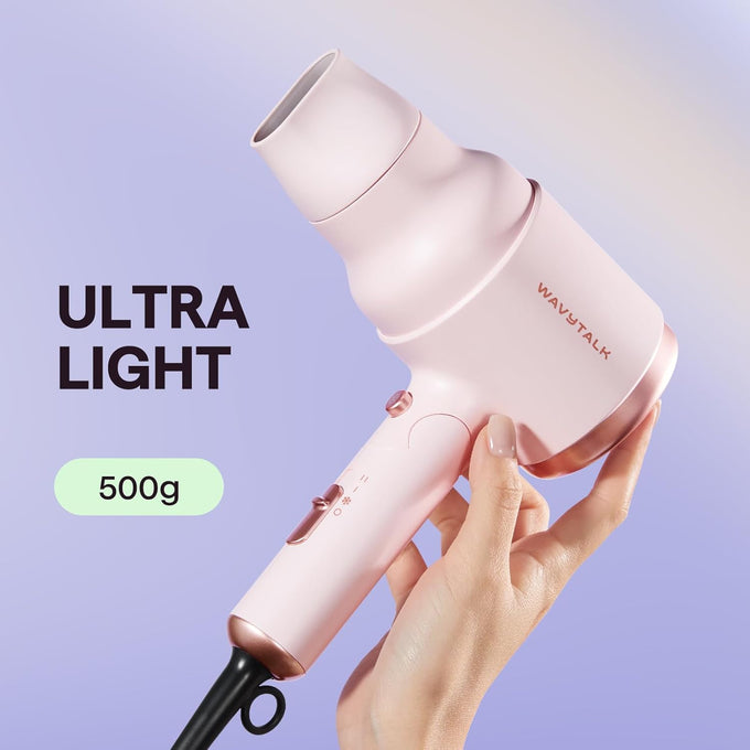 Wavytalk Blow Dryer with Diffuser, Mini Hair Dryer with Folding Handle, 1600W Quiet Lightweight Hairdryer with Diffuser Compact Design, Pinky White