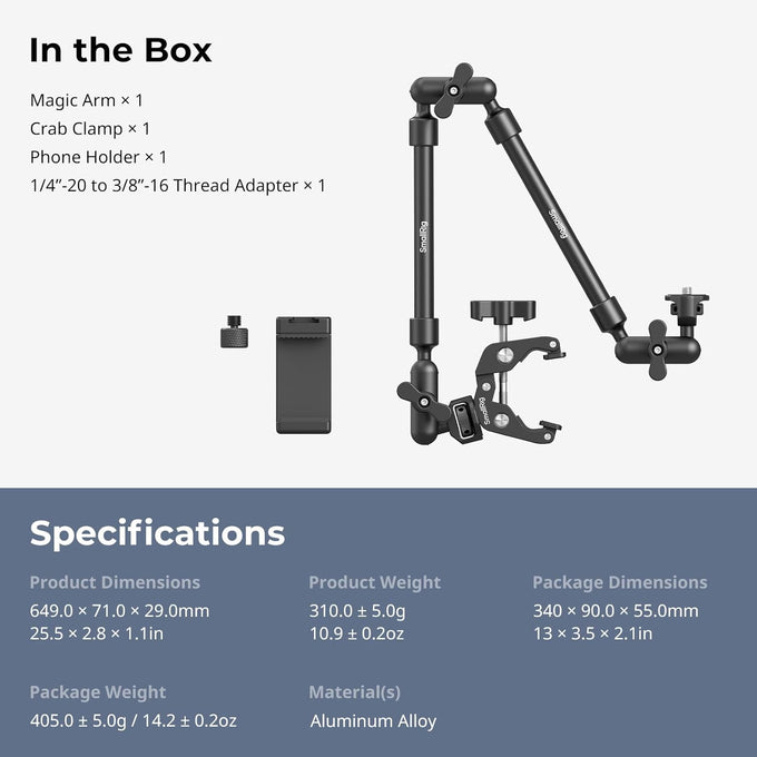 SMALLRIG 22" Magic Arm Clamp, Overhead Phone Mount Holder Stand, Flexible Desk Camera Mount, Articulating Friction Boom Arm, for POV Shot, Filming, Light, Webcam, Action Camera