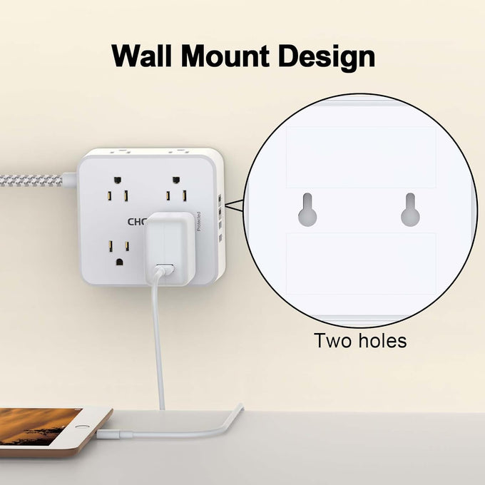Surge Protector Power Strip - CHCORE 5Ft Braided Extension Cord with 8 Outlets with 4 USB (2 USB C) Charging Ports, Flat Plug Multi Plug Outlet Extender Charging Station for Home Office, ETL, White
