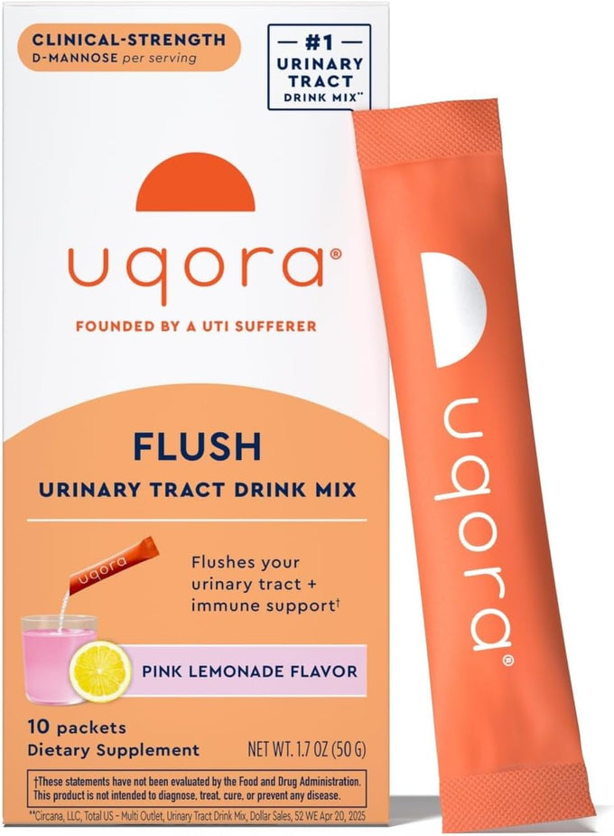 Uqora Flush - Urinary Tract* with D-Mannose, Vitamin C, Vitamin B6, Potassium, Magnesium & Calcium - Gluten-Free & Vegan - Pink Lemonade Flavor - 10 Packets (1 Pack)