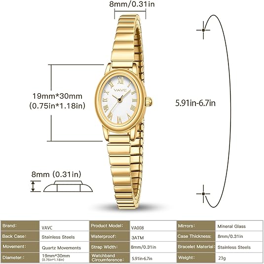 VAVC Small Gold Watch for Women – Stainless Steel Stretch Band, Roman Dial, Water Resistant